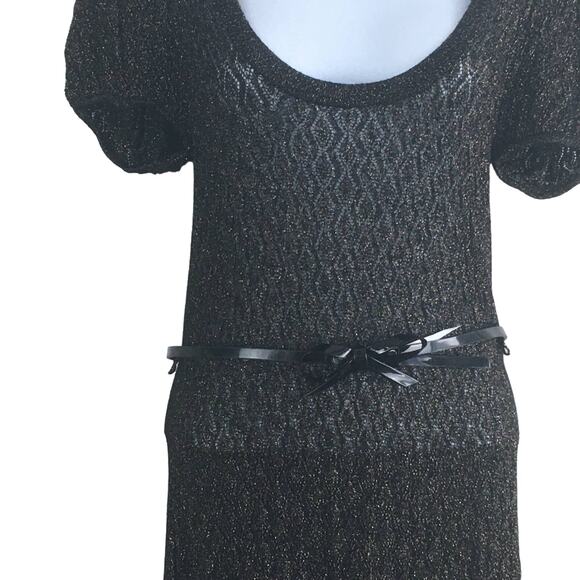 Kensie Lite-Knit Black and Gold Form Fitting Belted Midi-Dress Size Medim - Picture 2 of 10